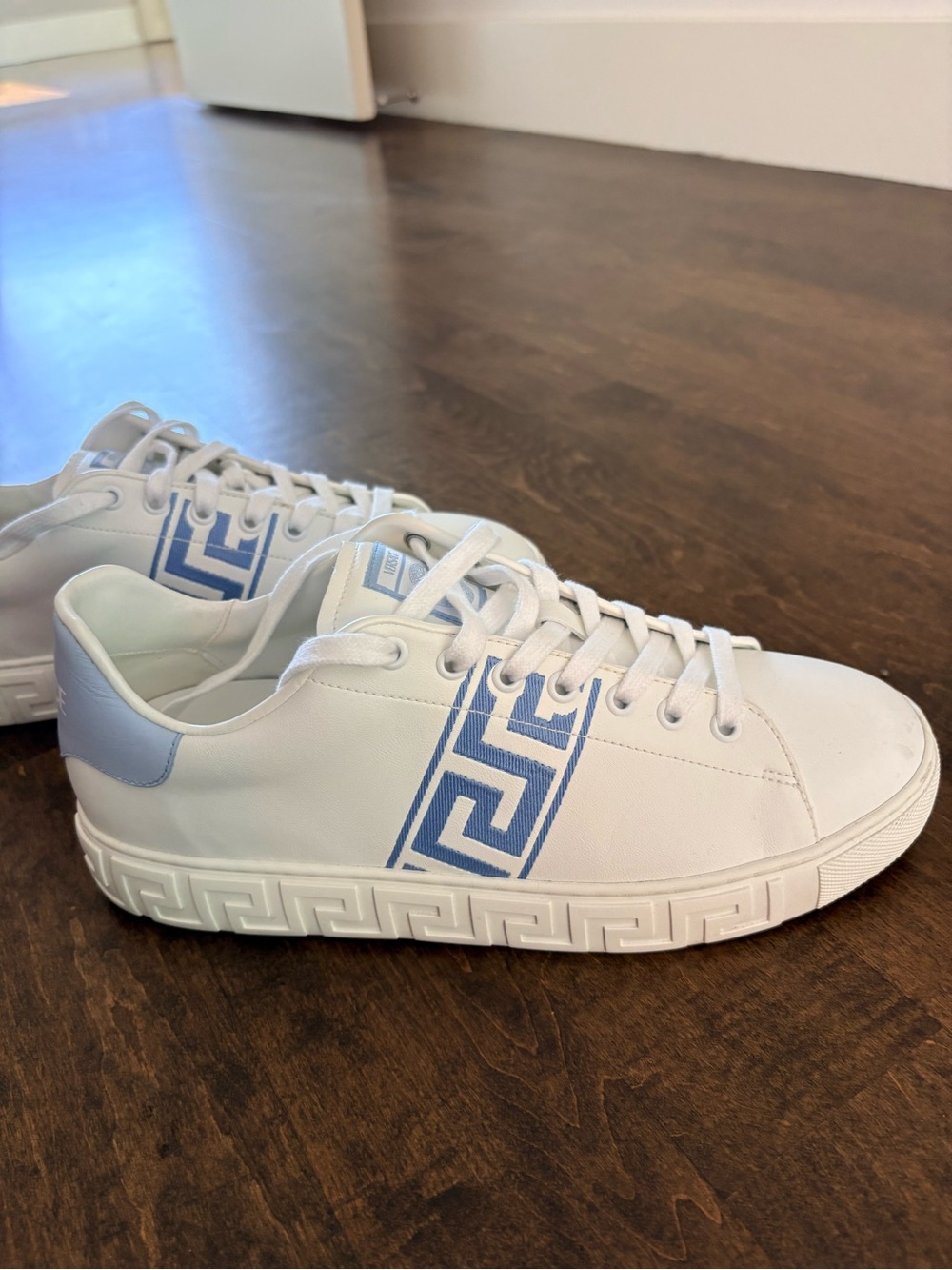 Versace White Low-Top Sneakers with Light Blue Greek Key Stripe